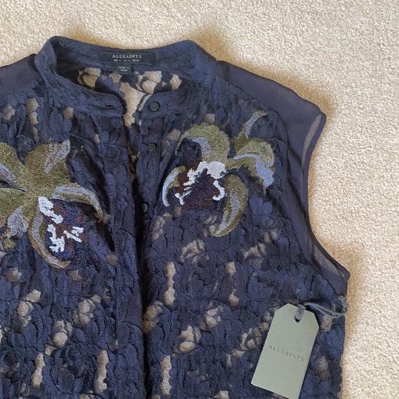 NWT All Saints Anya navy lace embroidered top 4 - Picture 3 of 13